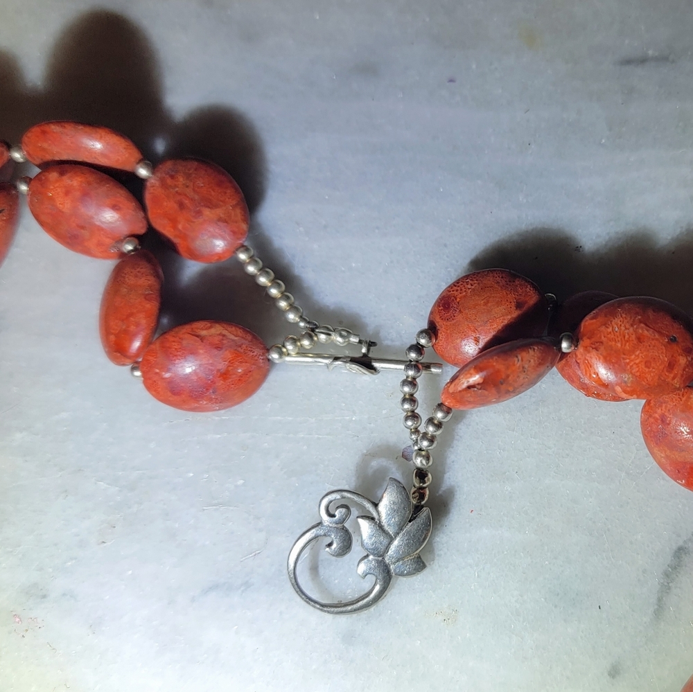 Artisan Necklace Genuine Coral Sterling 925 20" Fish Shell Coastal Beach - Picture 6 of 7